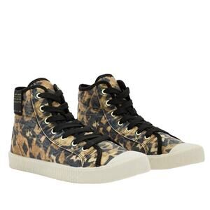 AllSaints Demmy Celia High Top Sneakers Leopard Canvas Round Toe Tan Black US 8